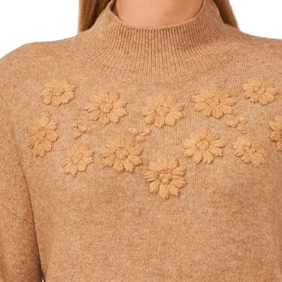 NWOT CeCe mock neck bell long sleeve flower embroidered sweater - Picture 3 of 7